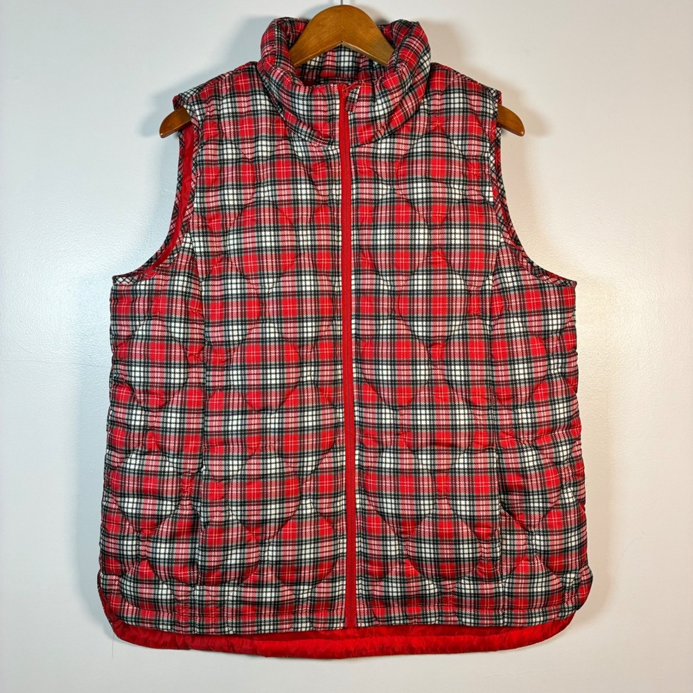 Lands End Puffer Vest L Red Plaid Quilted Preppy Classic Cabin Layering Holiday